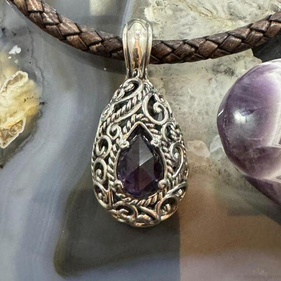 Carolyn Pollack Sterling Teardrop Faceted Amethyst Filigree Enhancer Pendant - Picture 1 of 10